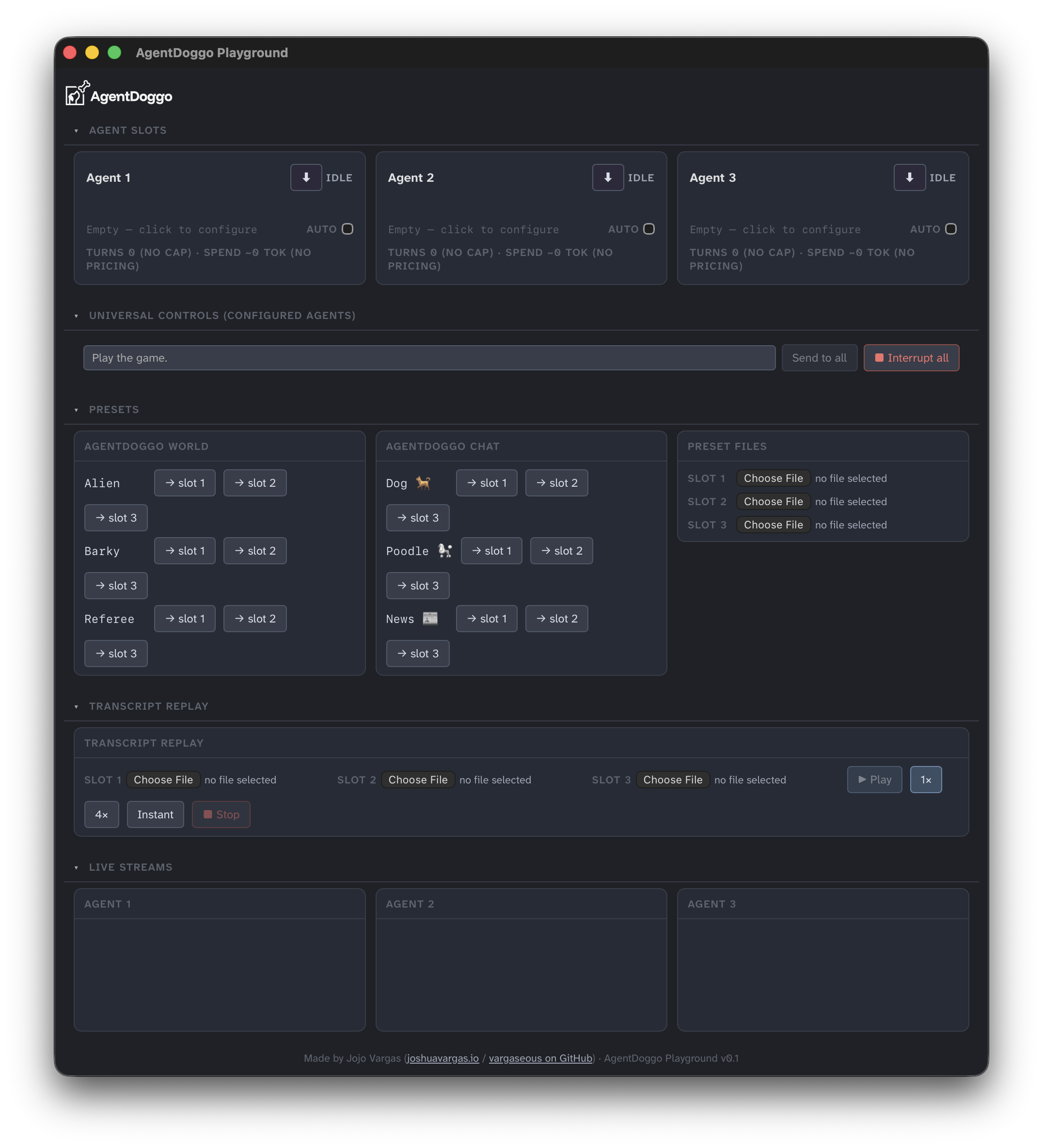 The AgentDoggo Playground interface, with agent slots, model and inference settings, tools, and permissions.