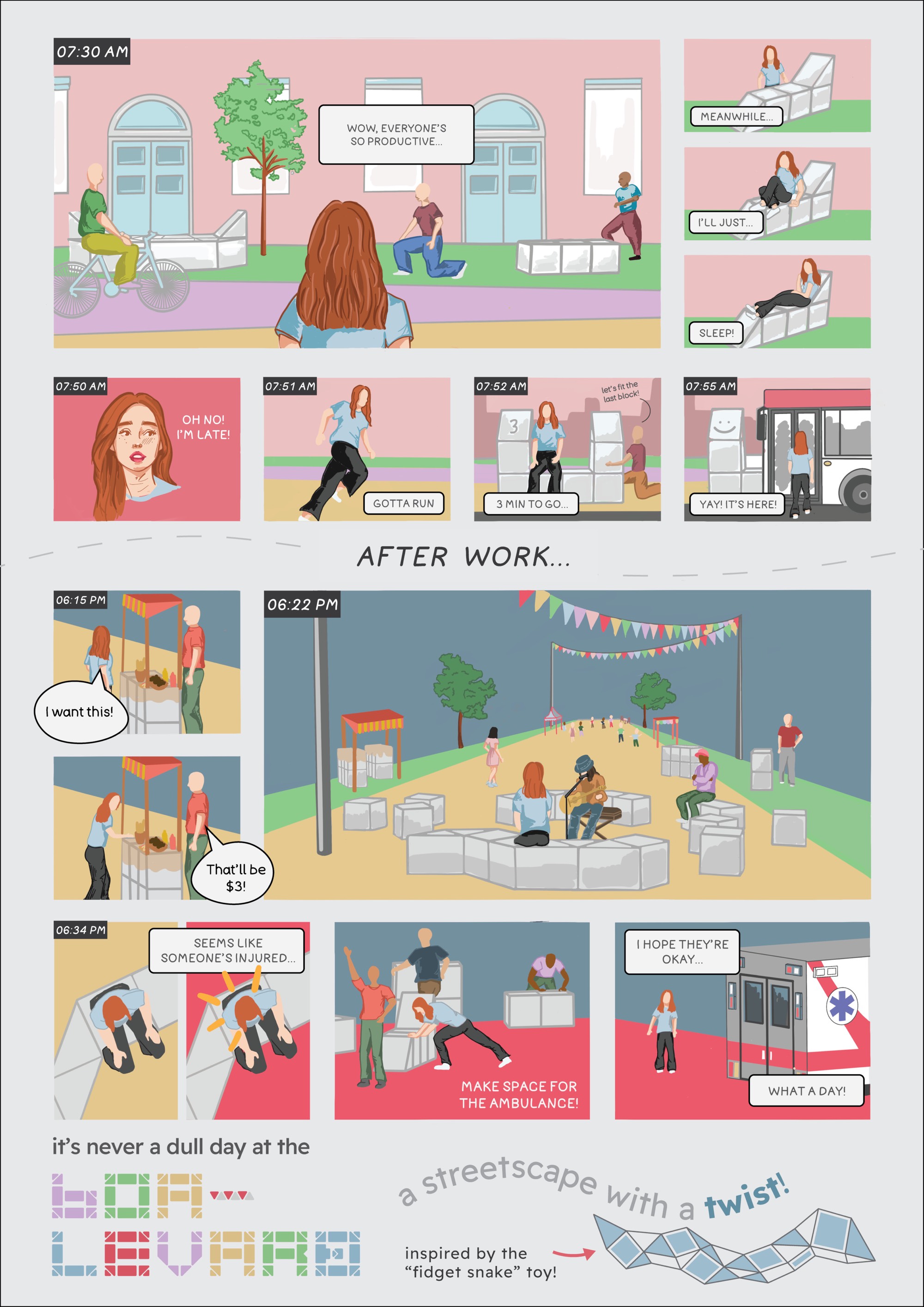The Boa-levard presentation image, using a comic format inspired by Chris Ware to portray the functional aspects of the proposal across time. Illustrated entirely by Jiaying Lee. Layout by Joshua Vargas.