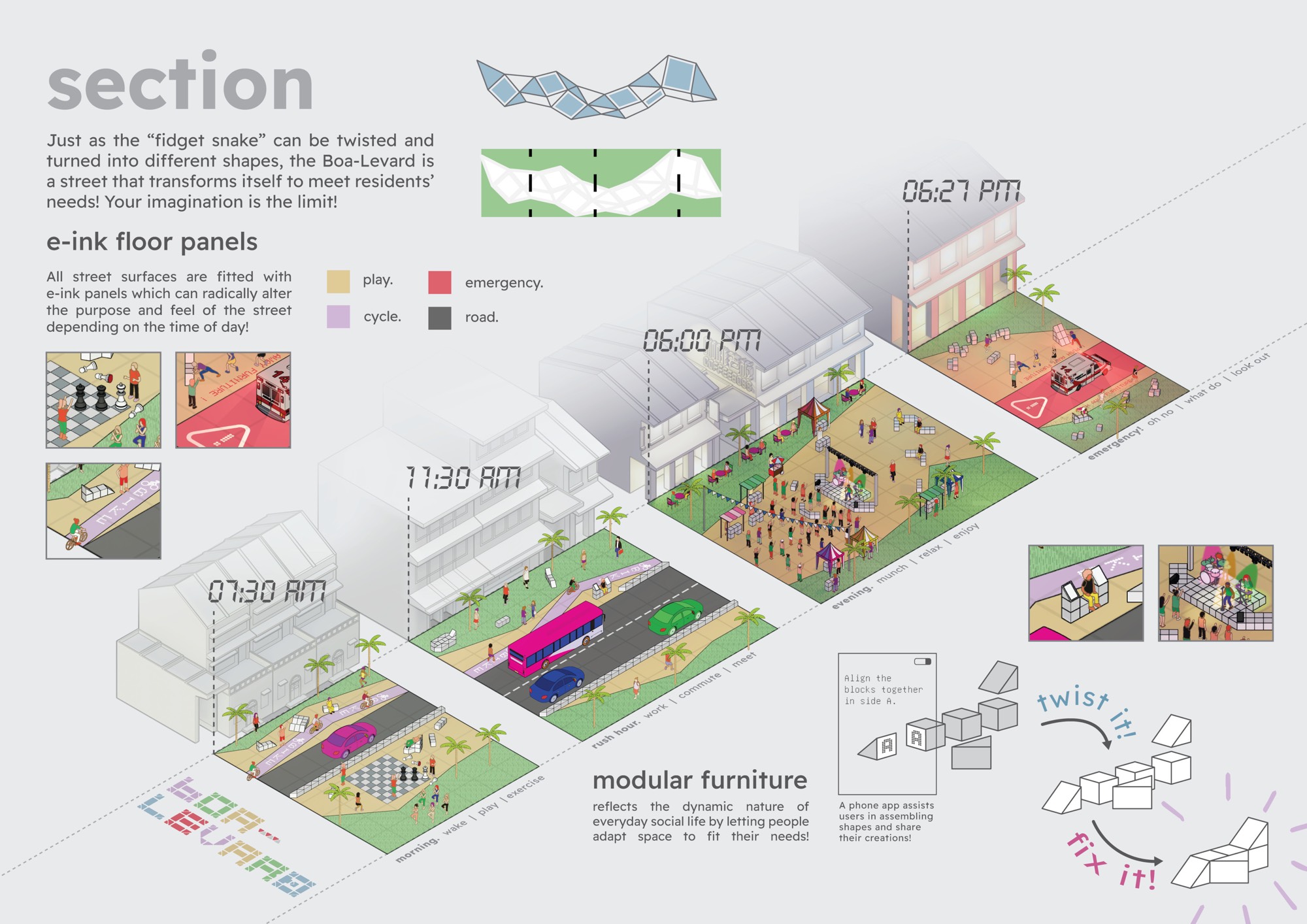 The section drawing of Boa-levard. Shophouses modelled in SketchUp by Joshua Vargas and Nicholas Loh. Streetscape layout in SketchUp and Illustrator by Nicholas Loh and Portia-Alexandria Lim. Rendered in Sketchup (vector renderer) and Blender (Eevee, Cycles, and Workbench) by Joshua Vargas.