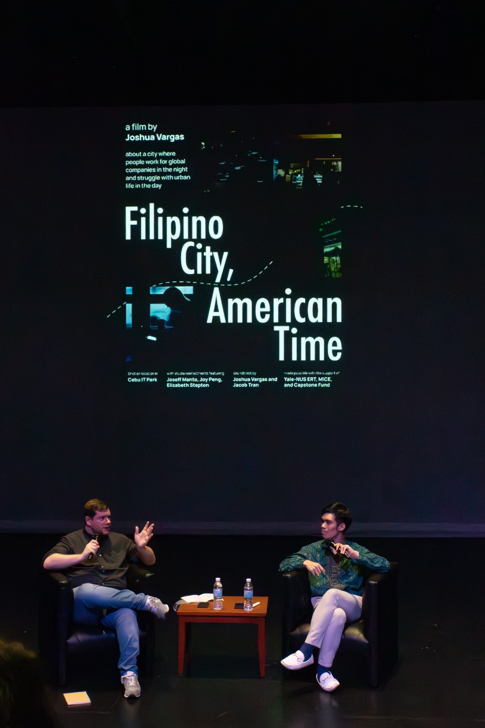 Joshua with discussant Asst Prof Justin D. Stern at the film premiere event at the Yale-NUS Black Box.