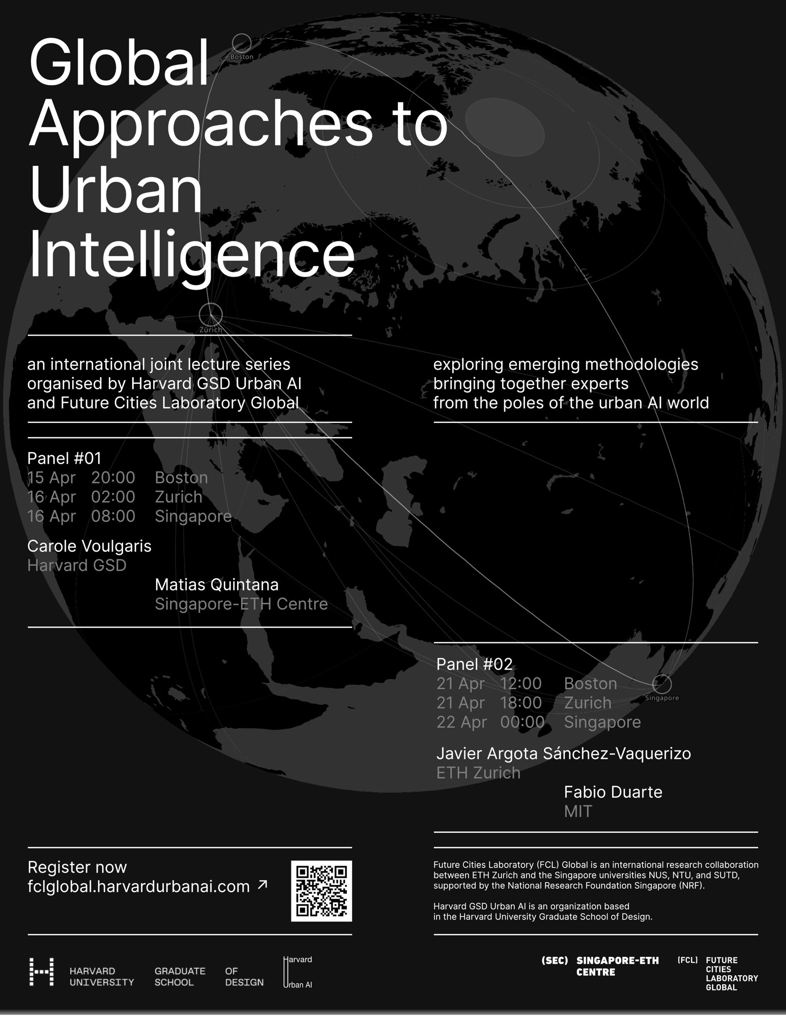 Conference poster featuring the global three-city network connecting Boston, Zurich, and Singapore, displaying both panel topics, speakers, and event registration information.