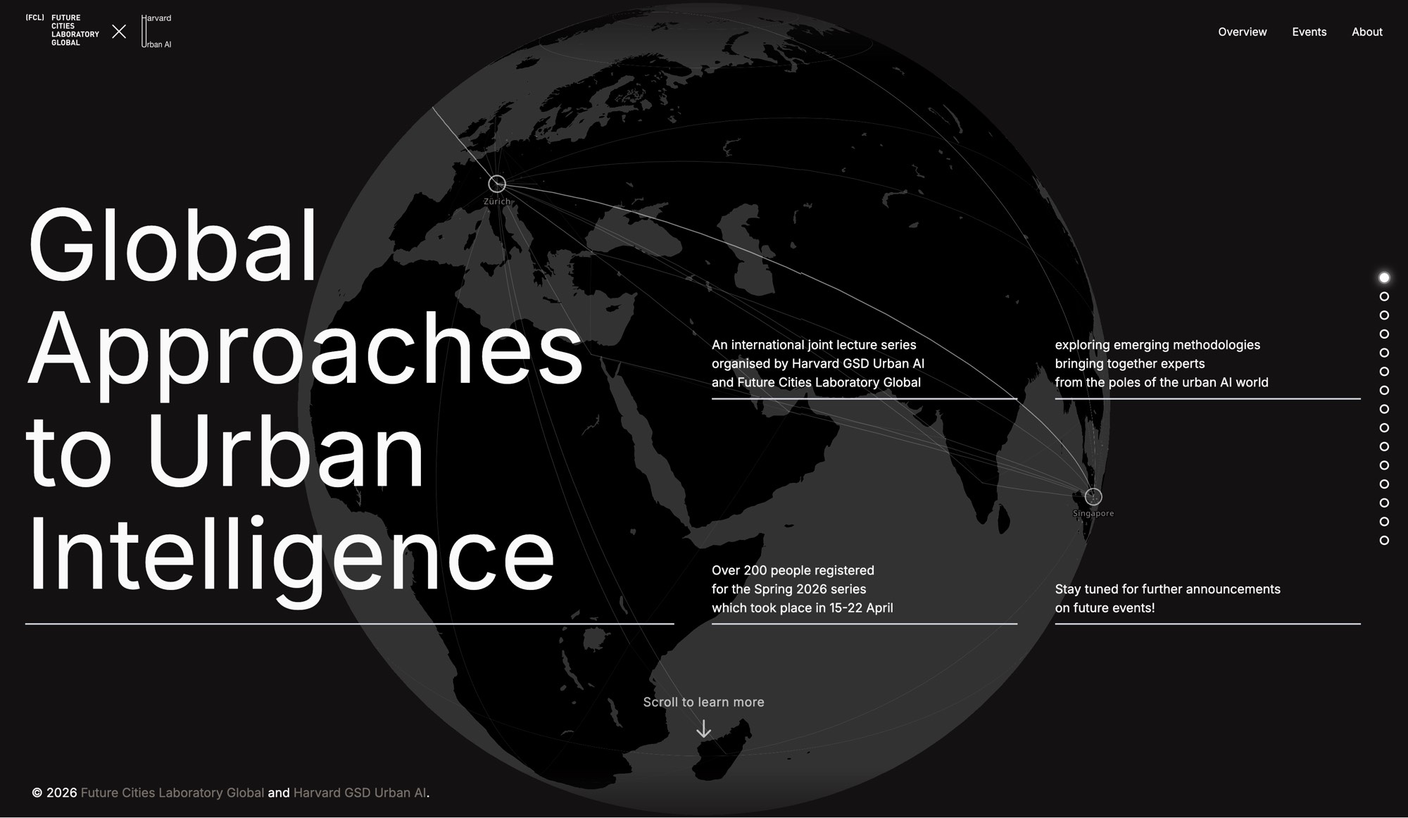 Lecture series website homepage featuring an interactive globe visualization connecting the three host cities and displaying event overview with registration statistics.