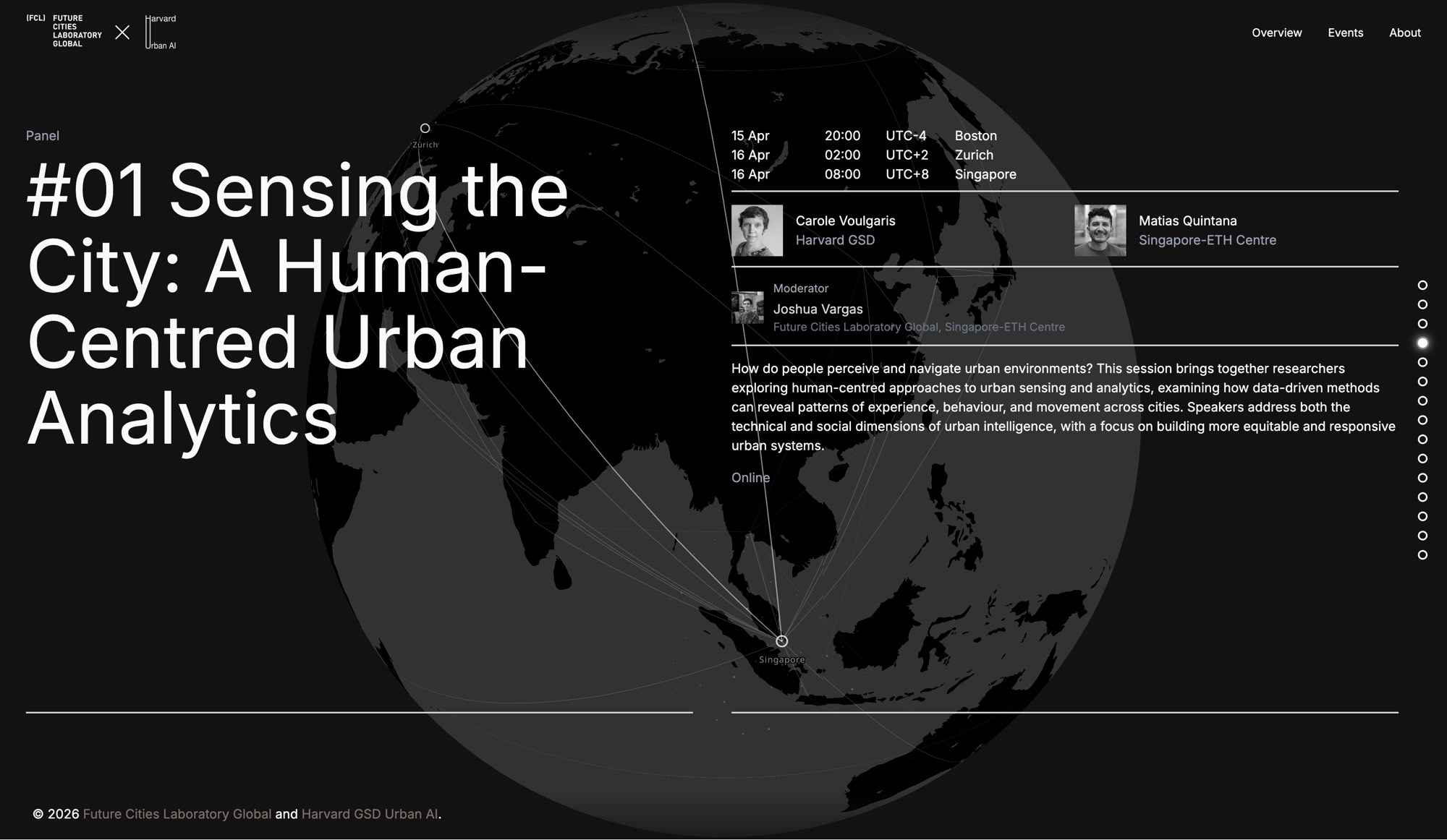 Lecture series website event details page showing Panel #01 speaker profiles, session description, and global timezone information across Boston, Zurich, and Singapore.