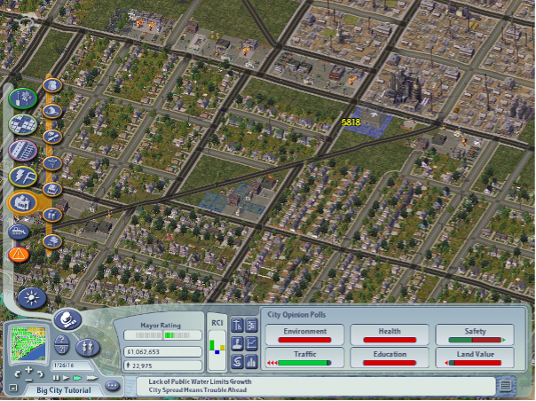The dashboard of SimCity 4, the 2003 instalment of the series. On the left are buttons for design actions, such as building public infrastructure and zoning. Along the bottom are options for urban governance. It is in this bottom pane where players adjust the city budget and view indicators, such as general progress indicators (which in this version are styled ‘City Opinion Polls’) as well as graphs showing quantitative measurements like income and expenses, job growth, and others. Problems that arise in the city are reflected in the news ticker at the bottom of the screen. In this screenshot, I am placing a police station. Note the mandatory layout of the city into a grid, which does not reflect urban planning in many parts of the world. Also note the arrow on the police station, which reflects the game’s requirement that buildings must face the road, reflective of SimCity’s road-centric and auto-centric urban design philosophy. (Joshua Vargas 2021)