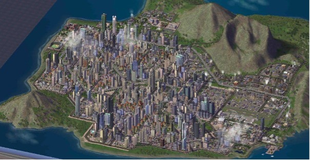 A city designed in SimCity 4 by teenage Joshua, who was living in a southern Philippine city reconstructing itself after a period of conflict. Note the highway-centric city layout; the international skyscraper aesthetic; and the disregard for the nearby environment, which included construction around a volcano. (Joshua Vargas 2017)